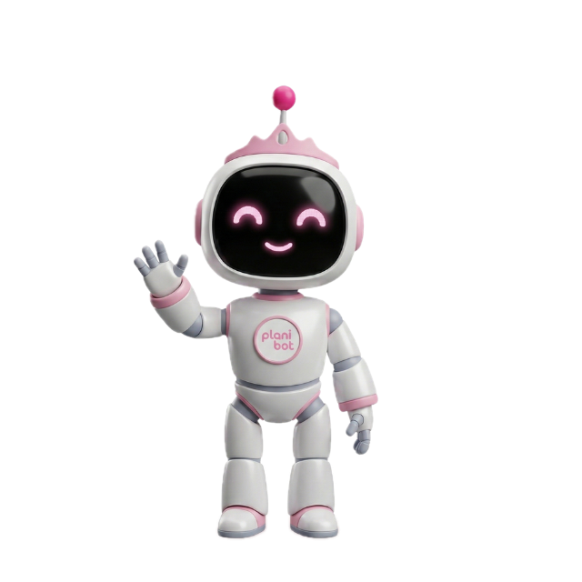 Planibot, o assistente do Planimani, acenando e enviando lembretes