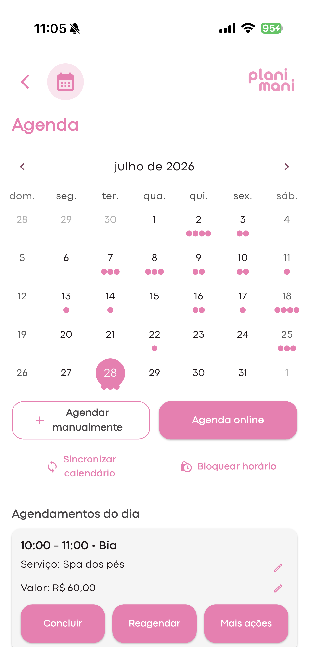 Tela de agenda do Planimani