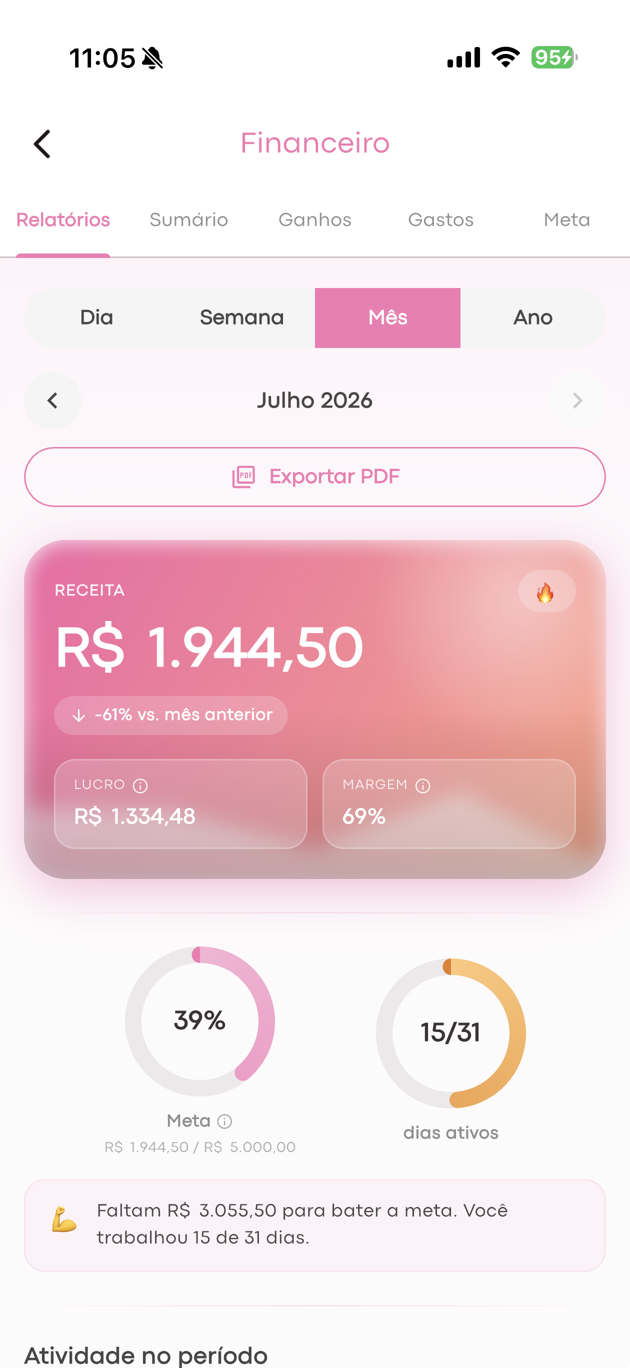 Tela financeira do Planimani