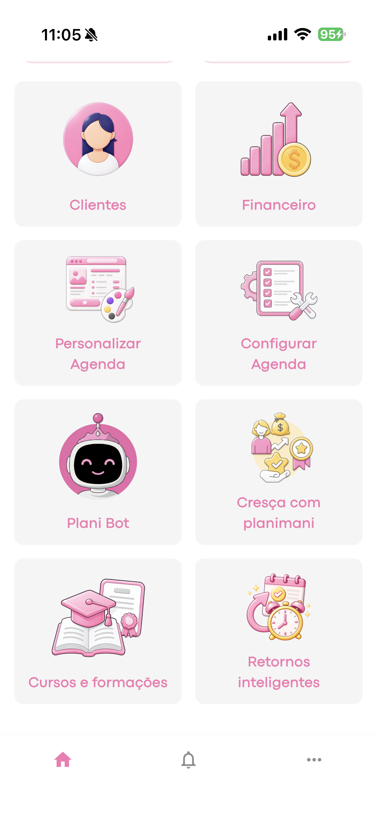 Menu completo do app