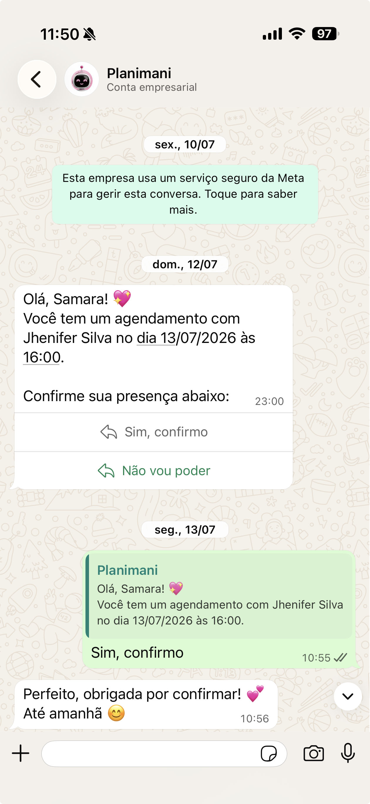 Conversa real de WhatsApp: o Planibot avisa a cliente Samara sobre o agendamento e pede confirmação de presença